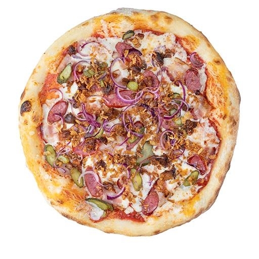 Пицца с беконом и охотничьими колбасками